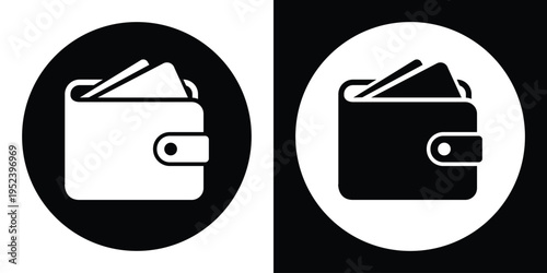 Modern flat icon of a wallet inside a circular badge, presented in inverted black and white styles. Clean geometric design representing finance, payment systems, and digital wallets.