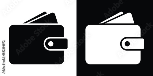 Classic wallet icon containing credit cards. Simple flat vector representation of personal finance, savings, and monetary storage. Includes black and white versions.