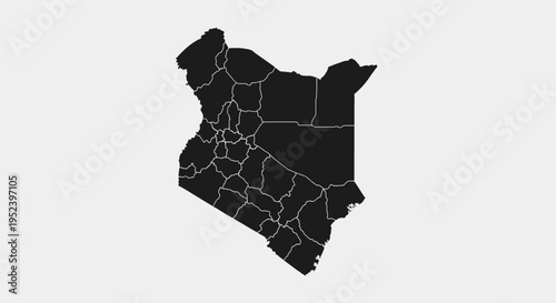 Map of Kenya with Administrative Divisions, Black Silhouette on White Background