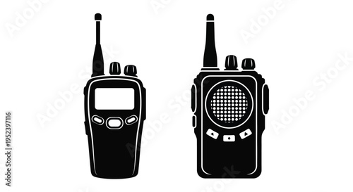 Two walkie talkies displayed side by side black silhouette