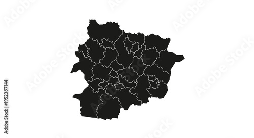 Map of Andorra, Outline Silhouette with Internal Administrative Divisions, Black and White