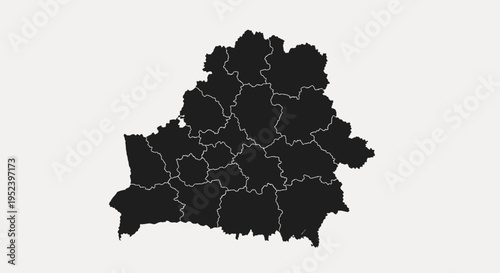 Map of Belarus with administrative divisions, black silhouette on a light gray background.
