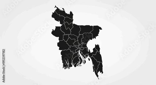 Map of Bangladesh with administrative divisions, black silhouette on a gray background