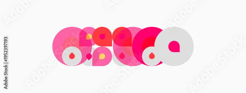 Abstract design features overlapping circles, pink hues dominate, white background provides contrast. Modern, playful composition.