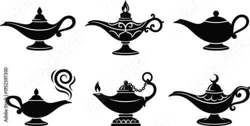 Arabic Genie Lamp Silhouette Vector Set | Magic Oil Lamp Aladdin Wish Fantasy Icon 