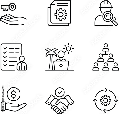 Business management and freelance work icons. Project planning and team hierarchy vector