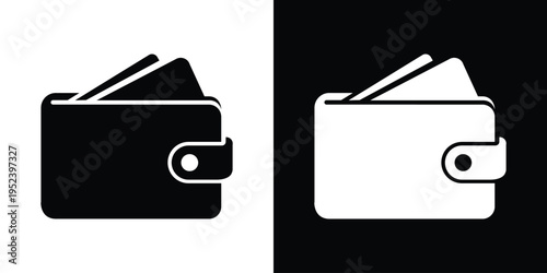 Classic wallet icon containing credit cards. Simple flat vector representation of personal finance, savings, and monetary storage. Includes black and white versions.