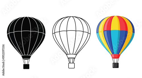 Three hot air balloons in varying styles including a dark silhouette