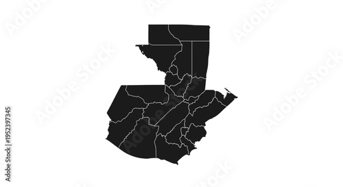 Map of Guatemala with Departments, Black and White Silhouette