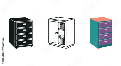 Three cabinet variations shown in different color schemes silhouette
