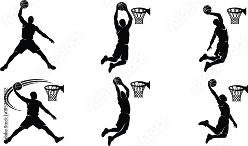 Basketball Player Slam Dunk Silhouette Vector Set | Male Athlete Jumping Scoring Action Icon