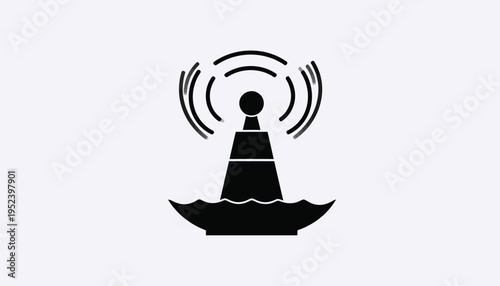 Modern vector icon representing a navigational buoy broadcasting signals on water, symbolizing wireless connectivity, marine communication, and remote guidance in maritime environments