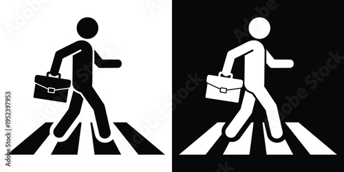 Icon of a person with a briefcase walking on a zebra crosswalk. Symbol for business commuting, professional travel, pedestrian safety, and city life. Clean black and white vector art.