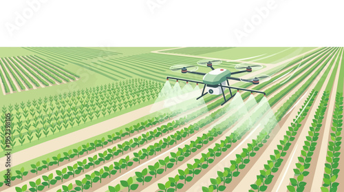 Drone spraying crops in a green field, symbolizing agricultural technology and precision farming for enhanced crop yield and plant health