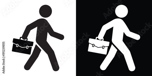 Minimalist vector icon of a walking businessman holding a briefcase, shown in black and white inverted versions. Clean flat design symbolizing work, travel, daily commute, and professional movement.