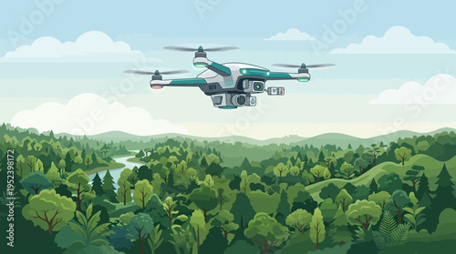 Modern drone captures stunning aerial views of lush green forests and winding river, showcasing advanced technology in nature exploration