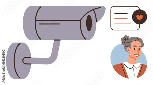 Home security, elderly care, smart technology, communication, surveillance, monitoring. A security camera with a senior woman icon and a chat bubble with a heart symbol. Elderly care and home