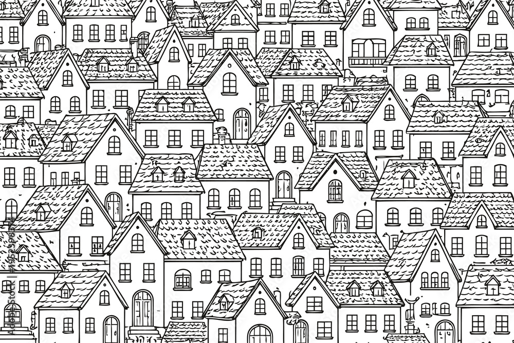 Obraz premium A dense urban landscape illustration featuring a collection of hand drawn houses and rooftops Vector