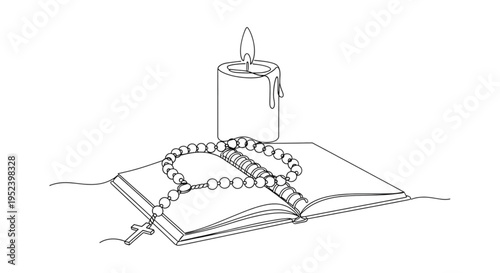 Wooden rosary beads laid on an open notebook beside a candle  