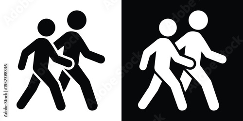 Silhouette style icon of two people walking together. Vector graphic representing pedestrians, commuting, public movement, or a walking tour. Modern flat design for signage and web.