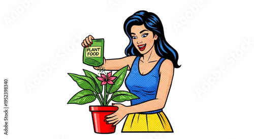Young woman watering potted plant with plant food in the garden  