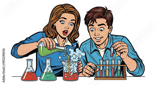 Excited young woman and man conducting science experiments in laboratory  