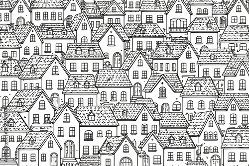 A dense urban landscape illustration featuring a collection of hand drawn houses and rooftops Vector