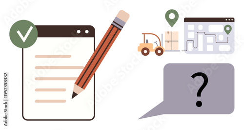 Logistics planning, delivery process, task management, transportation routes, decision making, inventory control. Images of a checklist, route map and conversation bubble. Logistics planning