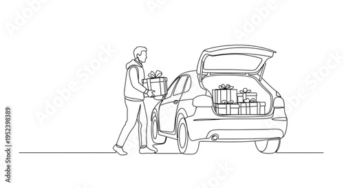 Man loading car with wrapped gifts for holiday celebration  