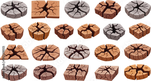 Cracked earth isometric dry soil patches 3d graphic collection