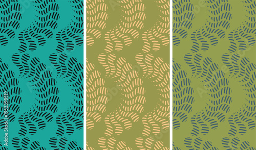 Seamless abstract organic dash pattern with curved flowing strokes in teal mustard and olive tones, modern minimal geometric vector style