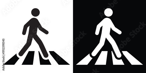 Simple vector icon of a pedestrian walking across a crosswalk, shown in black and white variations. Minimal flat design representing road safety, traffic rules, and urban movement.