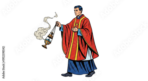 Priest in red robe holding censer with smoke during procession  