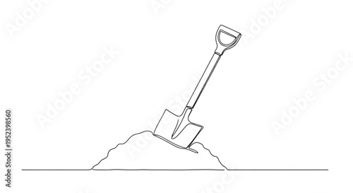 Shovel embedded in soil mound in minimalistic line art style  