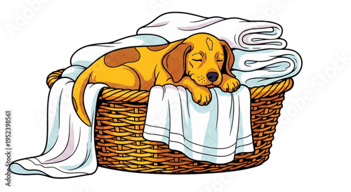 Puppy sleeping in basket with clean laundry and soft blankets  