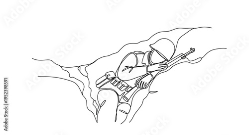 Soldier resting in trench while holding rifle in sketched style  