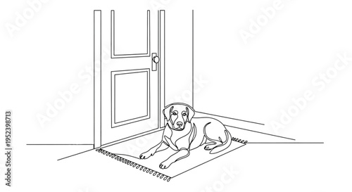 Dog resting on a mat by the door in a minimalist setting  