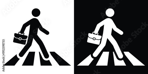 Minimalist vector icon of a walking businessman holding a briefcase, shown in black and white inverted versions. Clean flat design symbolizing work, travel, daily commute, and professional movement.