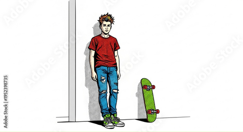 Teenage boy standing with skateboard in a minimalist room  