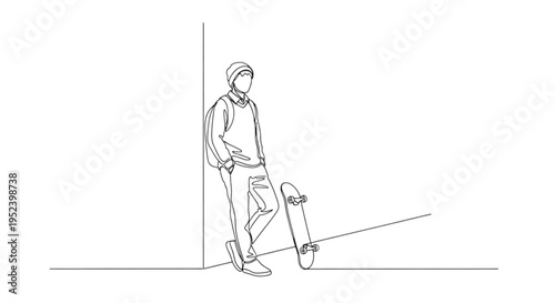 Young man leaning against wall with skateboard in minimalist style  