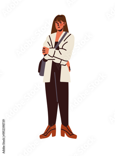 Thoughtful young woman with puzzled, worried emotions on face. Lost girl with thinking expression. Confused, perplexed person stands with crossed hands. Flat isolated vector illustration on white