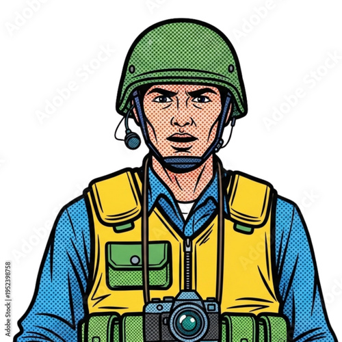 War correspondent wearing helmet and vest with camera in hand  