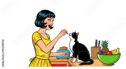 Woman feeding black cat on kitchen counter with fruits and tools  