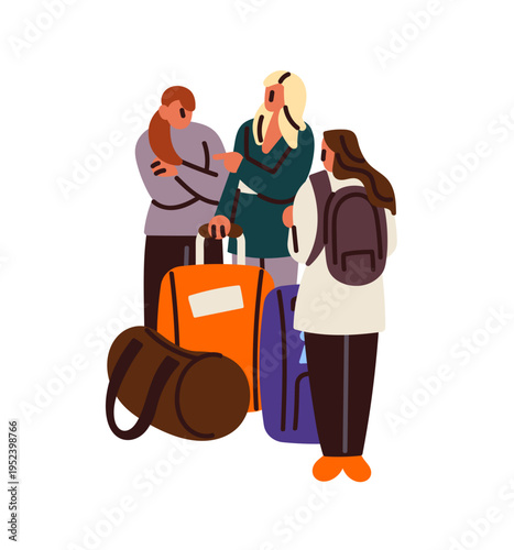 People in queue are waiting for flight check in. Passengers with baggage at boarding registration. Tourist with luggage at airport. Friends travel together. Flat isolated vector illustration on white