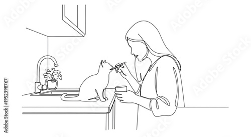 Woman feeding cat on kitchen counter in minimalistic style  