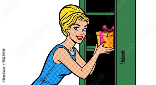 Woman placing gift in green closet with a cheerful expression  