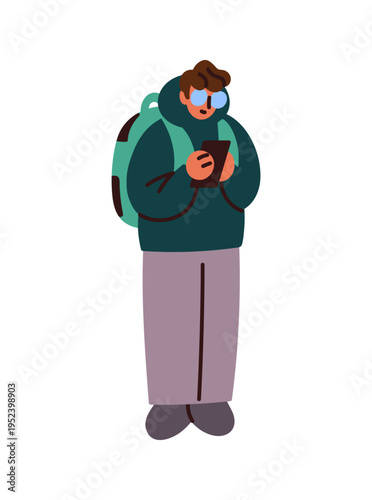 Person in glasses holds phone in hands and scrolls social networks. Boy with backpack is texting online and playing mobile games on smartphone. Flat isolated vector illustration on white background