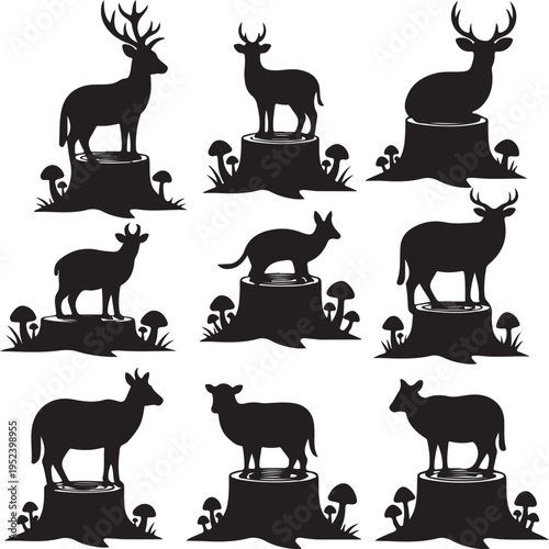 Playful Forest Animal Silhouette Clipart Set, Cute Woodland Creatures Black and White Vector Icons, Minimalist Kids Nursery Illustration Bundle