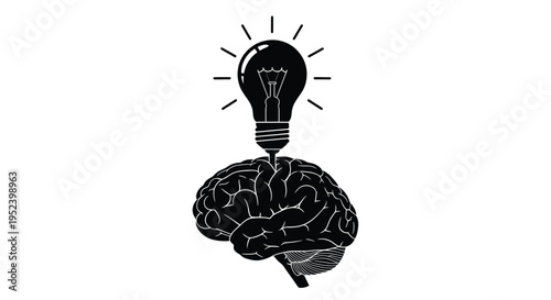 A black and white illustration of a lightbulb integrated with a human brain