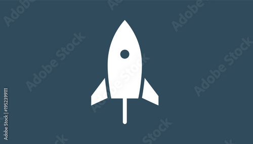 Illustration of a white rocket ship taking off against a dark blue background, representing space exploration and innovation